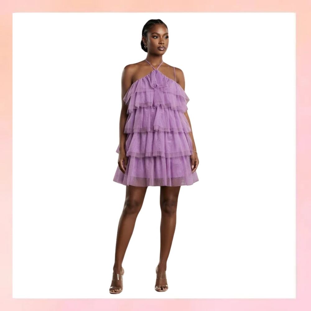 NWT Vestique Purple Tulle Halter Ruffle Mini Dress Small